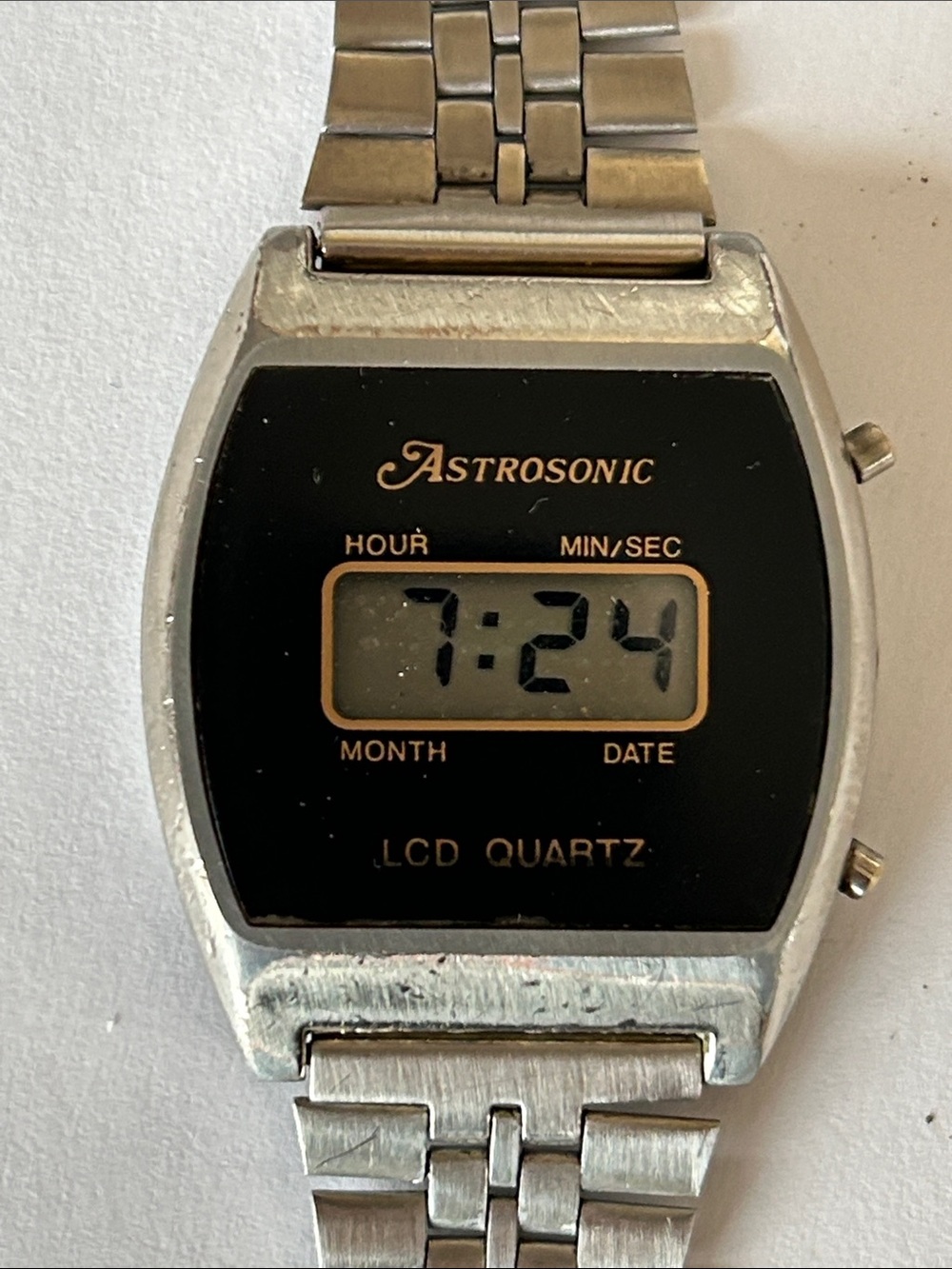 Astrosonic Digital LCD Quartz Watch - Vintage, Black Dial, Silver Bracelet